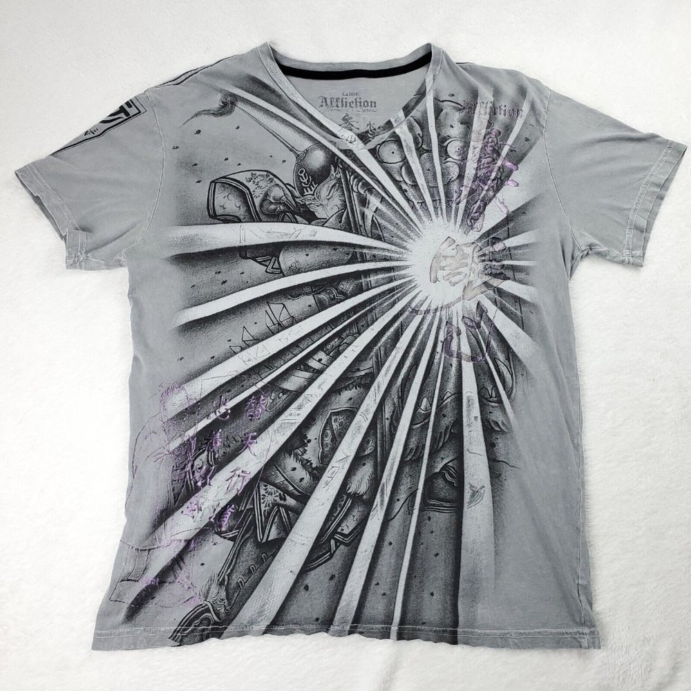 AFFLICTION Heroes & Demons HORIYOSHI III T-Shirt Gray with Purple Foil Print L